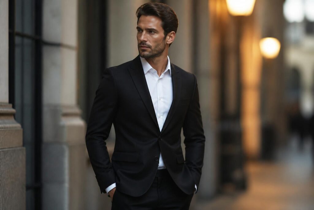 découvrez notre collection de costumes homme noirs, alliant élégance intemporelle et polyvalence pour sublimer toutes vos occasions, du bureau aux soirées habillées.